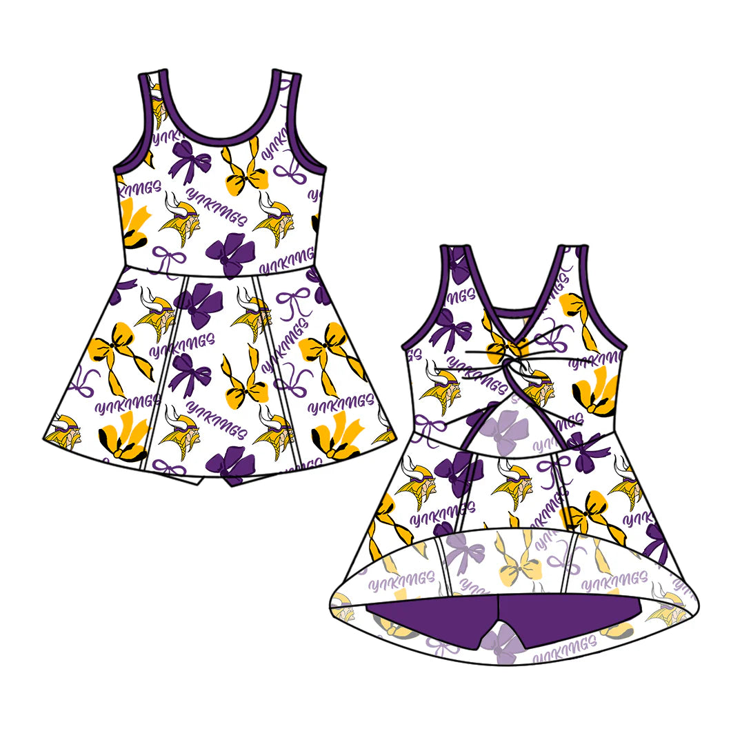 ( Moq 5 each style ) Baby Girl Toddler Team Bows Purple Sibling Skort Dress Set 6.9