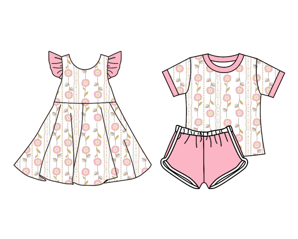 ( Moq 5 Each Style ) Baby Girl Short Sleeves Pink Flower Sibling Summer Dress Set 4.21