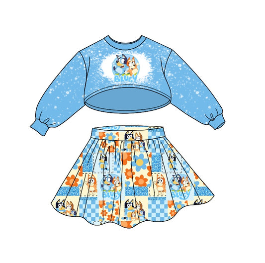 Baby Girl Blue Long Sleeves Tops Dogs Flower Skirt Outfit Moq 5