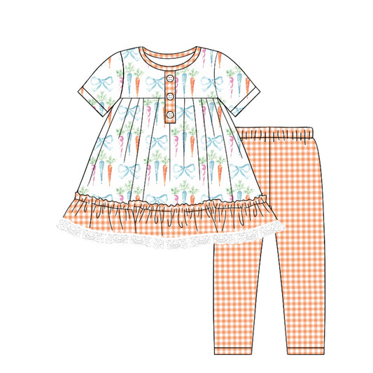 Baby Girl Short Sleeves Carrots Bows Tops Plaid Pants East Set