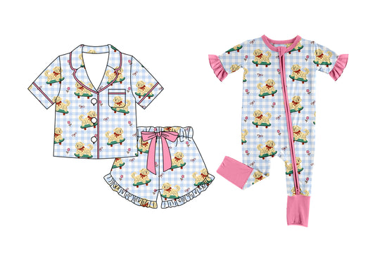 ( Moq 5 Each Style ) Baby Girls Kids Toddler Short Sleeves Dogs Bows Sibling Zipper Romper Pajamas Set