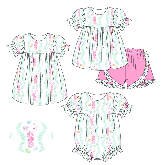 Baby Girl Short Sleeves Seahorses Sibling Romper Dress Set ( Moq 5 Each Style ) 2.17
