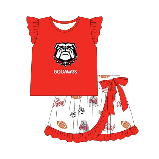Baby Girl Red Short Sleeves Team Shirt Dogs Football Skirts Clothes Set Moq 5