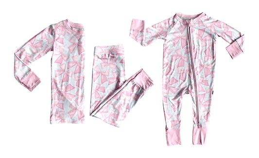 ( Moq 5 Each Style ) Baby Girls Long Sleeves Pink Bows Sibling Zipper Romper Pajamas Set