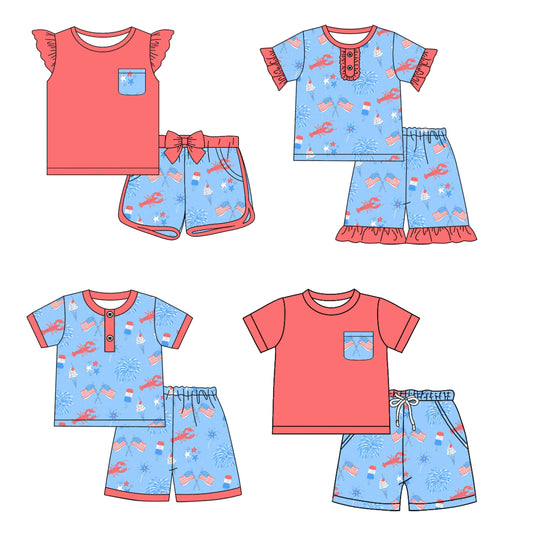 Baby Boy Girl Short Sleeves July 4th Crawfish Flags Sibling Set ( Moq 5 Each Style ) 12.17