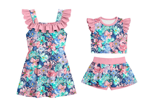 ( Moq 5 Each Style ) Baby Girls Kids Short Sleeves Flower Sibling Ruffle Dress Set Summer Clothes