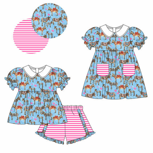 Baby Girl Donkey Hearts Valentines Sibling Matching Dress Clothes Set ( Moq 5 Each Design )