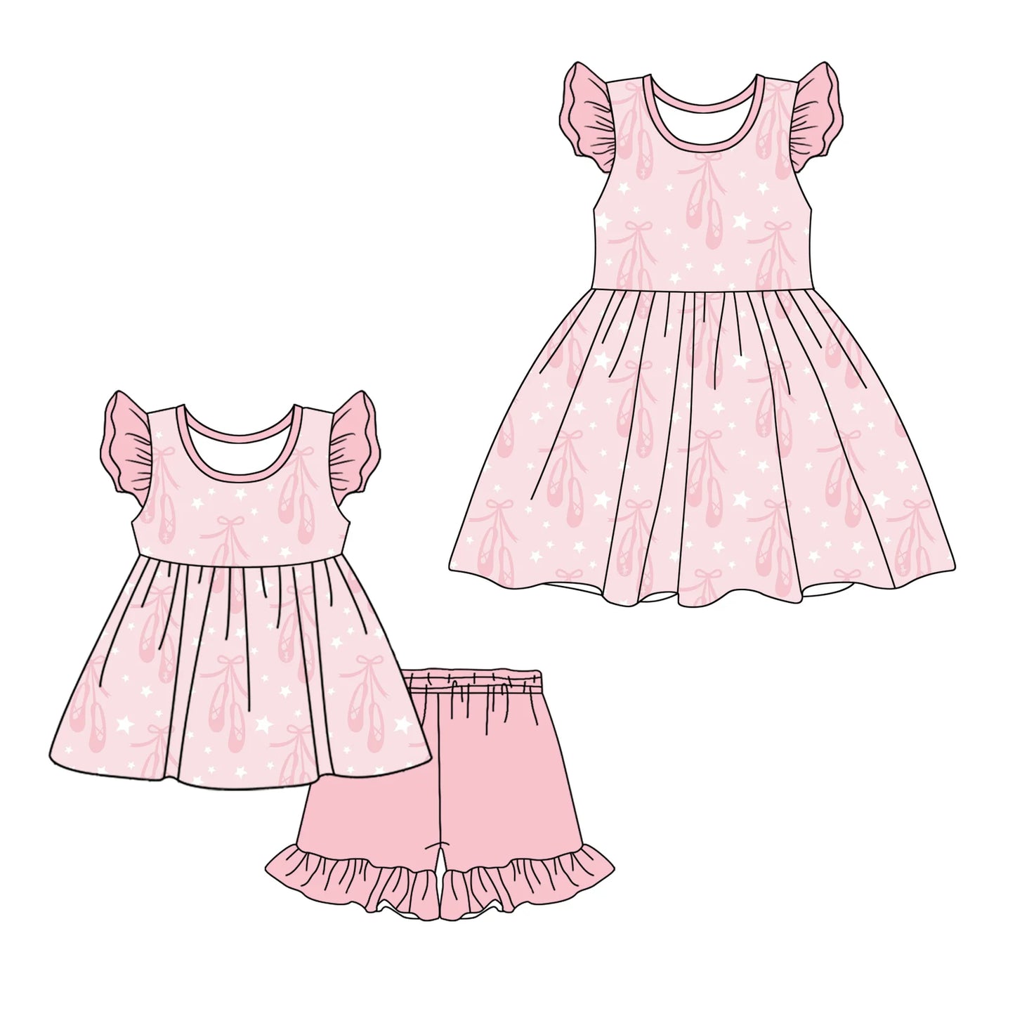 ( Moq 5 Each Style ) Baby Girls Kids Short Sleeves Shoes Sibling Pink Dress Set