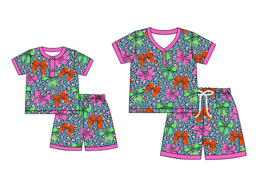 ( Moq 5 Each Style ) Baby Girl Adult Women Leopard Bows Sibling Mommy And Me Family Pajamas Set 4.22