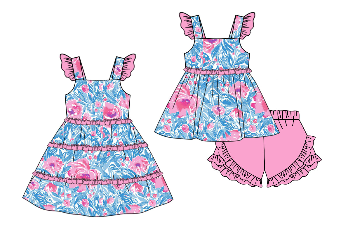 Baby Girl Short Sleeves Flower Sibling Matching Dress  Ruffle Clothes Set Moq 5 Each Design