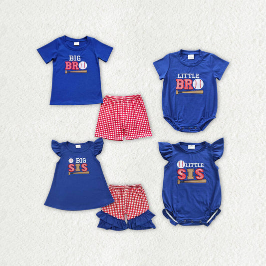 Baby Boy Girl Short Sleeves Embroidery Baseball Sibling Romper Blue Clothes Set