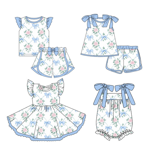 Baby Girl Summer Blue Bows Flower Sibling Romper Dress Set ( Moq 5 Each Style ) 3.13