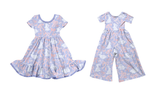 ( Moq 5 Each Style ) Girls Toddler Rabbits Bows Easter Sibling Purple Dress Jumpsuit
