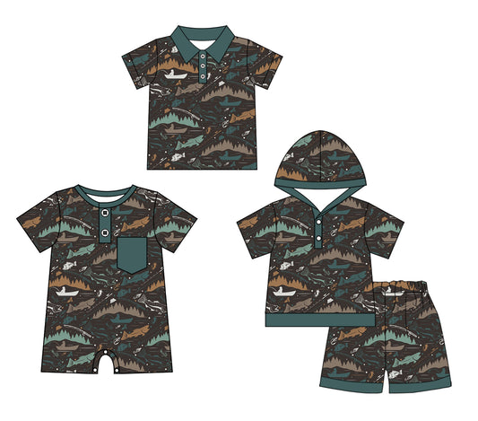 Baby Boy Short Sleeves Sibling Fishing Romper Clothes Set ( Moq 5 Each Design )11.25