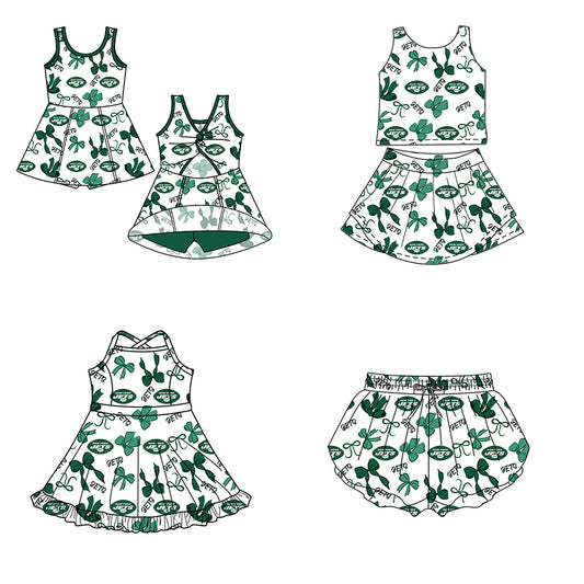 ( Moq 5 Each Style ) Baby Girls Toddler Stars Bows Team Sibling Green Shorts Dresses Set Summer Clothes