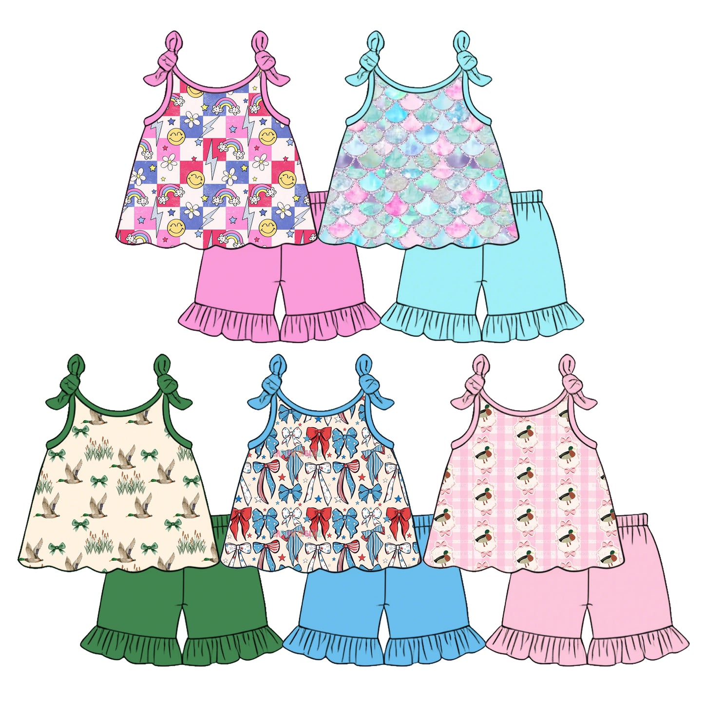 ( Moq 5 Each Style ) Sibling Baby Girls Kids Sleeveless Bows Ducks Tops Shorts Sets Summer Clothes