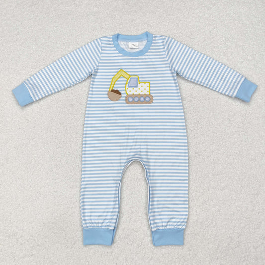 Baby Boy Stripes Digger Construction Embroidery Romper