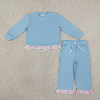 Sibling Baby Girls Kids Long Sleeves Ruffle Shirts Pockets Pants Sets Cotton Clothes RTS