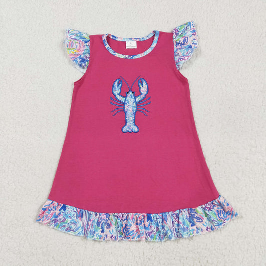 Baby Girl Short Sleeves Embroidery Crayfish Knee Length Ruffle PInk Dress RTS
