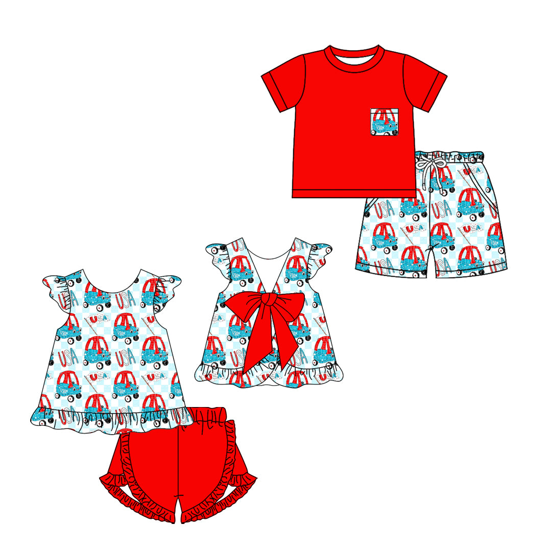 ( Moq 5 Each Style ) Baby Boys Girls Short Sleeves USA Sibling 4th of July Sets Clothes