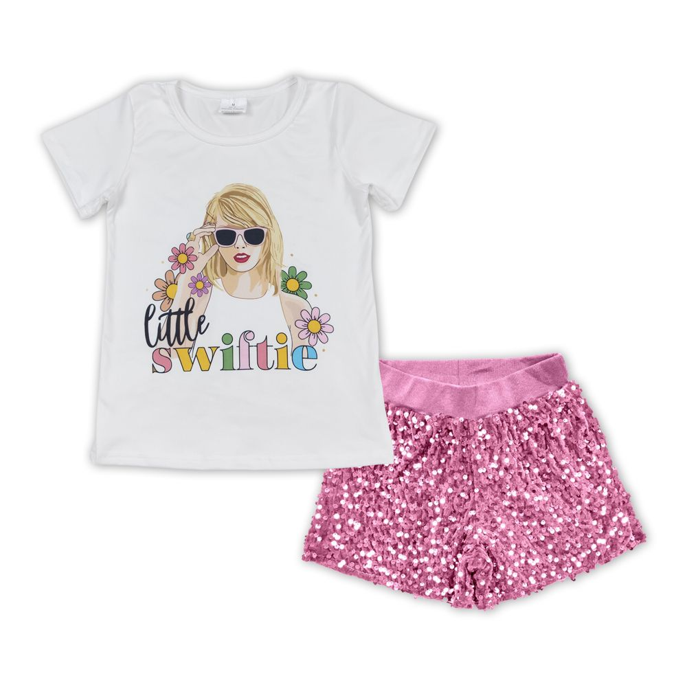 Baby Girl Singer Flower Shirt Pink Sequins Shorts Set