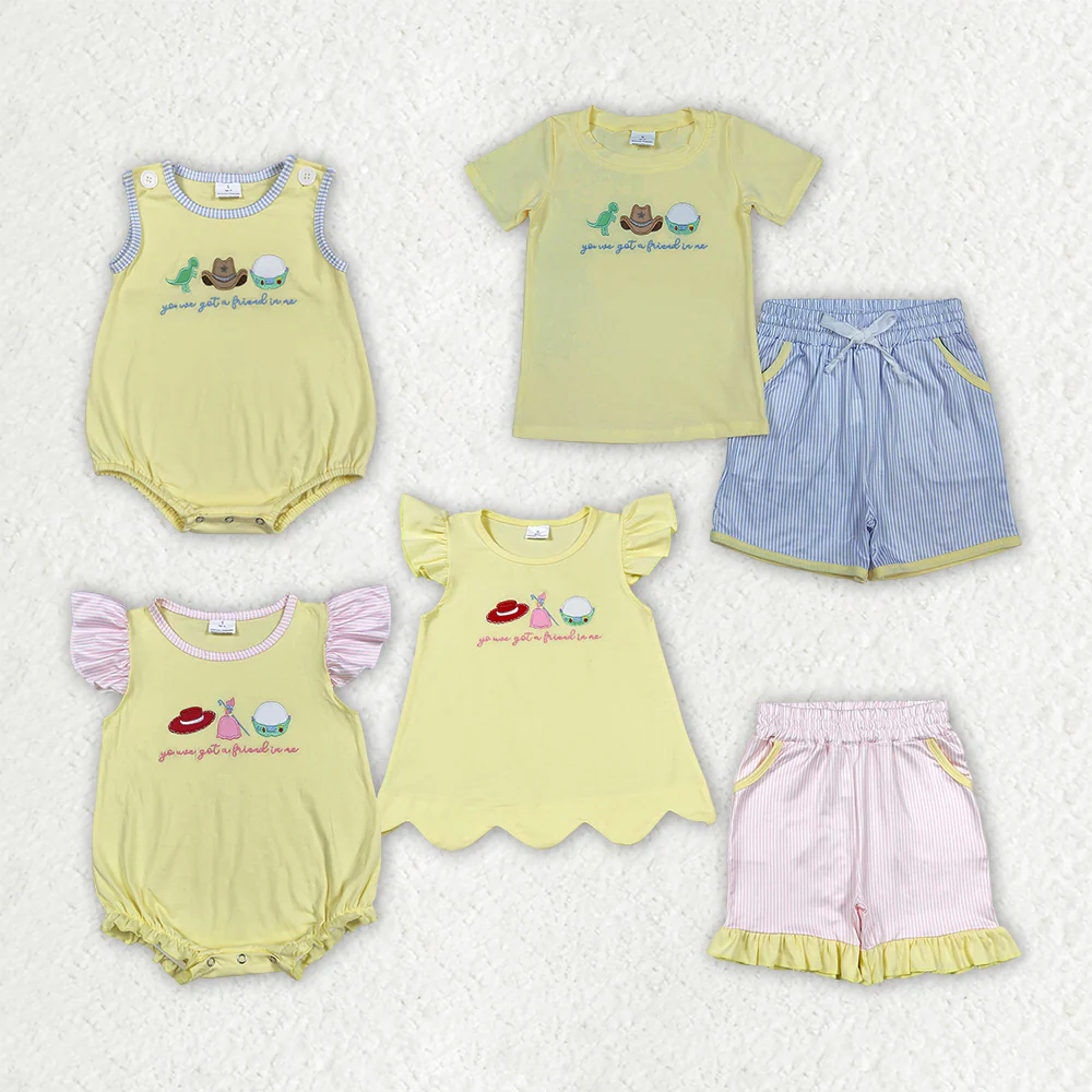 Sibling Baby Boys Girls Kids Short Sleeves Cartoon Rompers Set Embroidery Clothes RTS