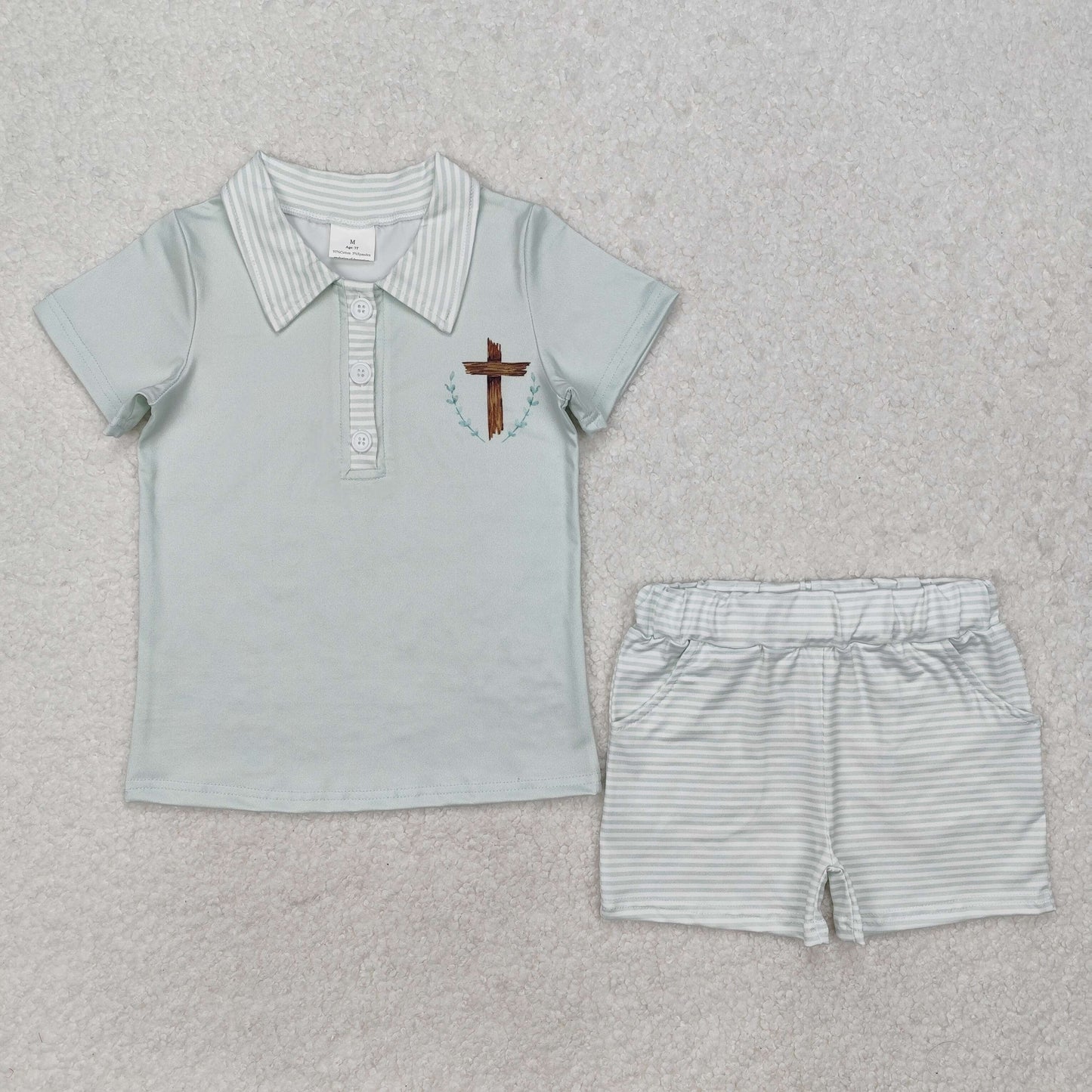 RTS Baby Boy Short Sleeves Easter Cross Shirt Shorts Clothes Set