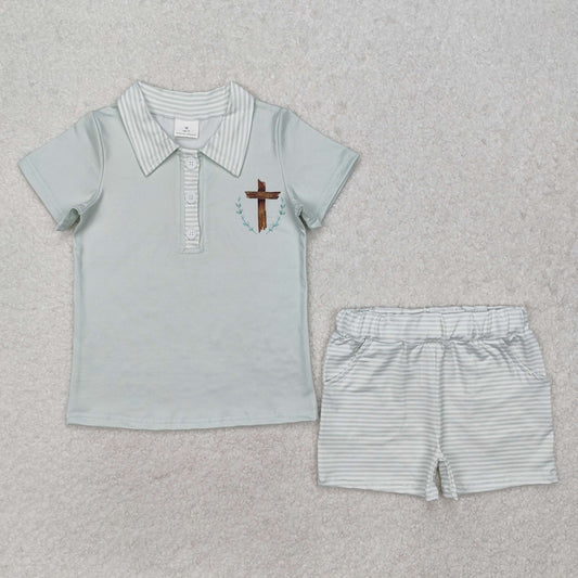 RTS Baby Boy Short Sleeves Easter Cross Shirt Shorts Clothes Set