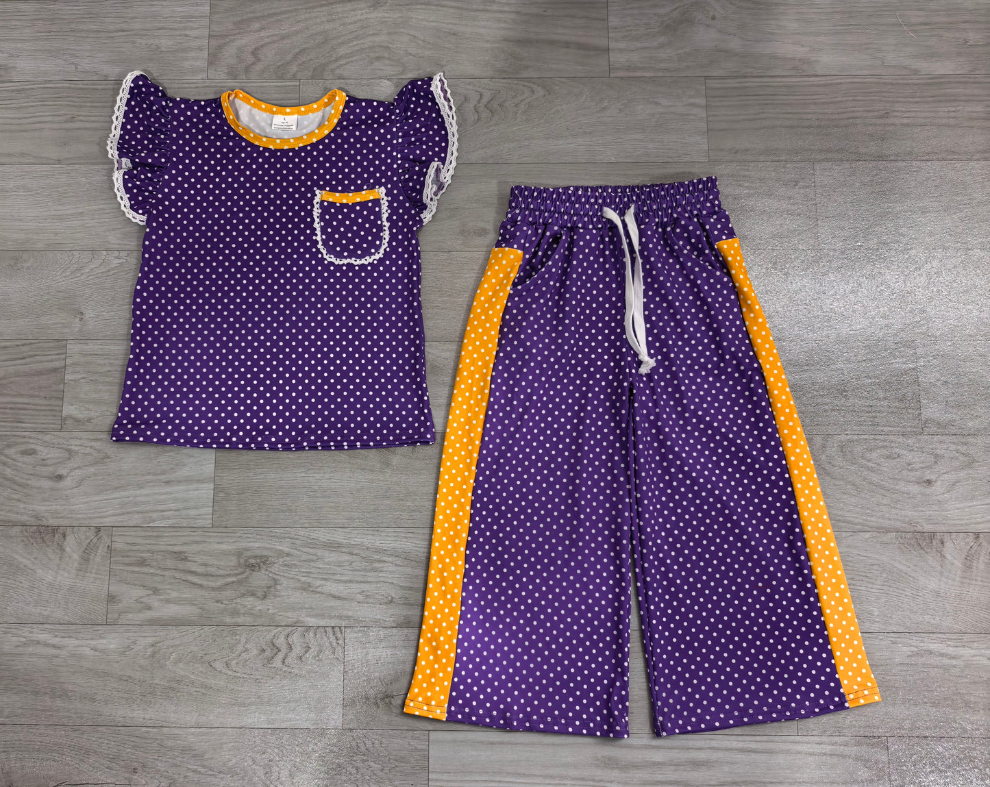 ( No moq ) Preorder Baby Girls Kids Short Sleeves Dot‌s Tops Pants Purple Set Team Clothes