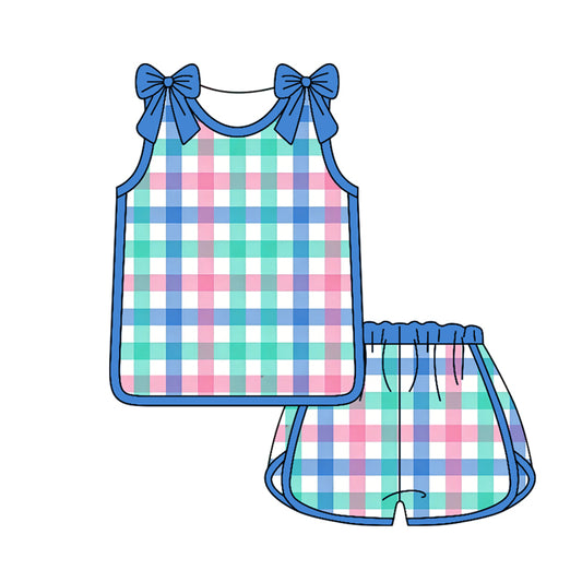 ( Moq 5 ) Preorder Baby Girl Kids Blue Bows Sleeveless Plaid Tops Shorts Set Summer Clothes