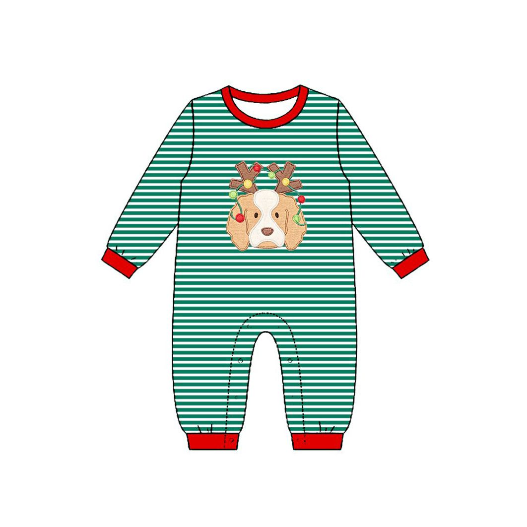 ( Moq 5 ) Preorder Baby Boy Kids Long Sleeves Christmas Dog Green Stripes Romper Clothes