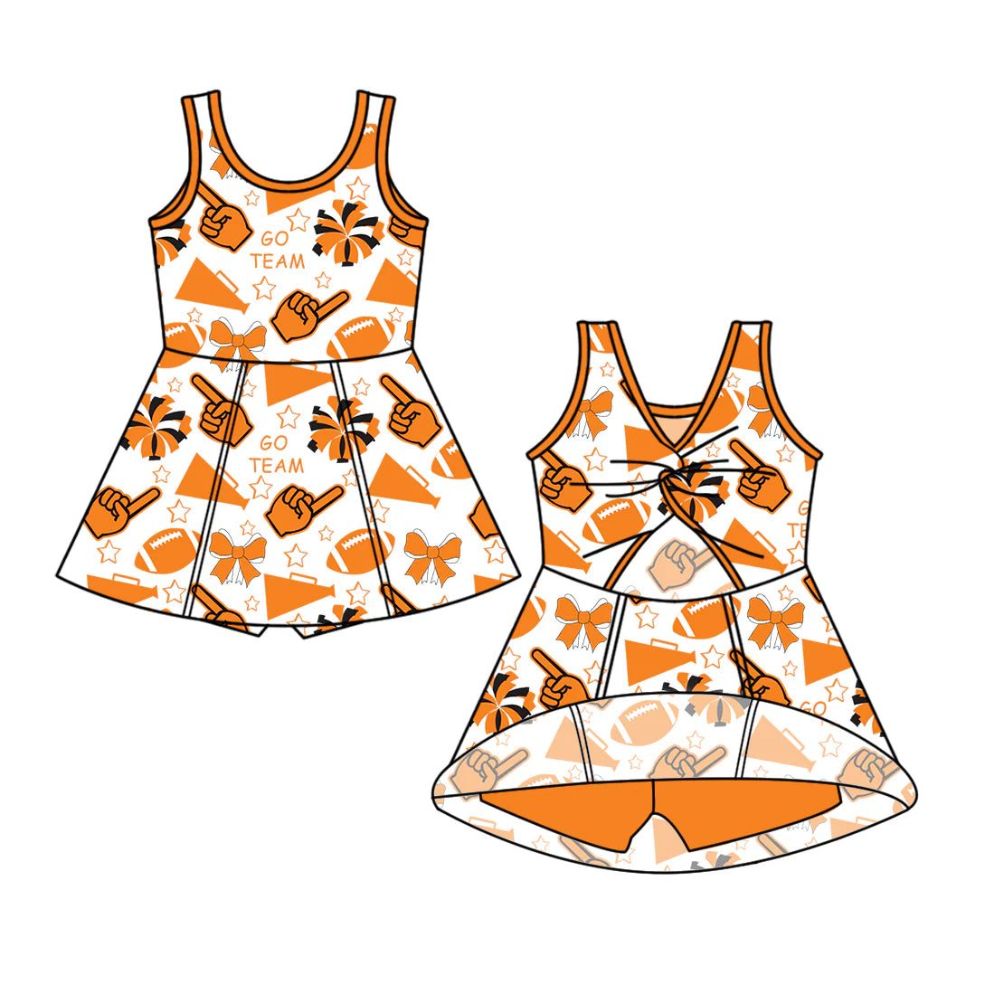 ( Moq 5 ) Baby Girl Toddler Sleeveless Orange T Football Team Bows Cheer Skort Dress 6.7