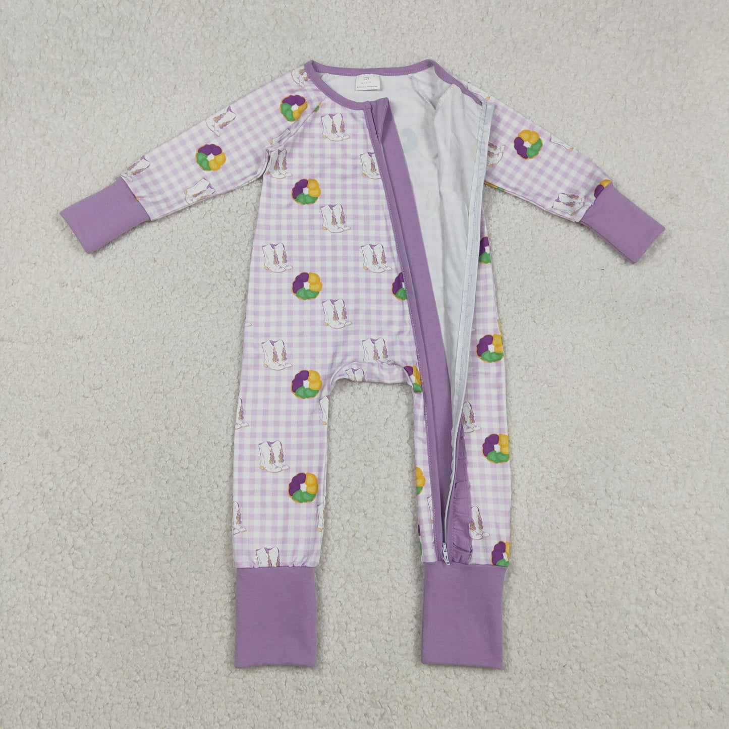 Kids Girls Infant Long Sleeves Donuts Boots Mardi Gras Purple Zipper Romper RTS