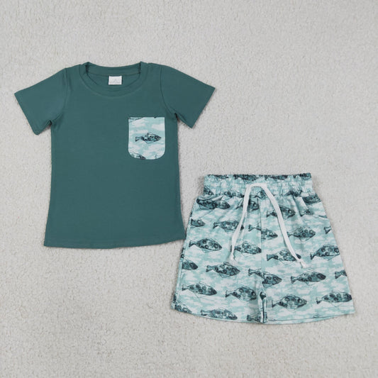Baby Boys Kids Short Sleeves Pocket Green Shirt Pockets Fish Shorts Set RTS