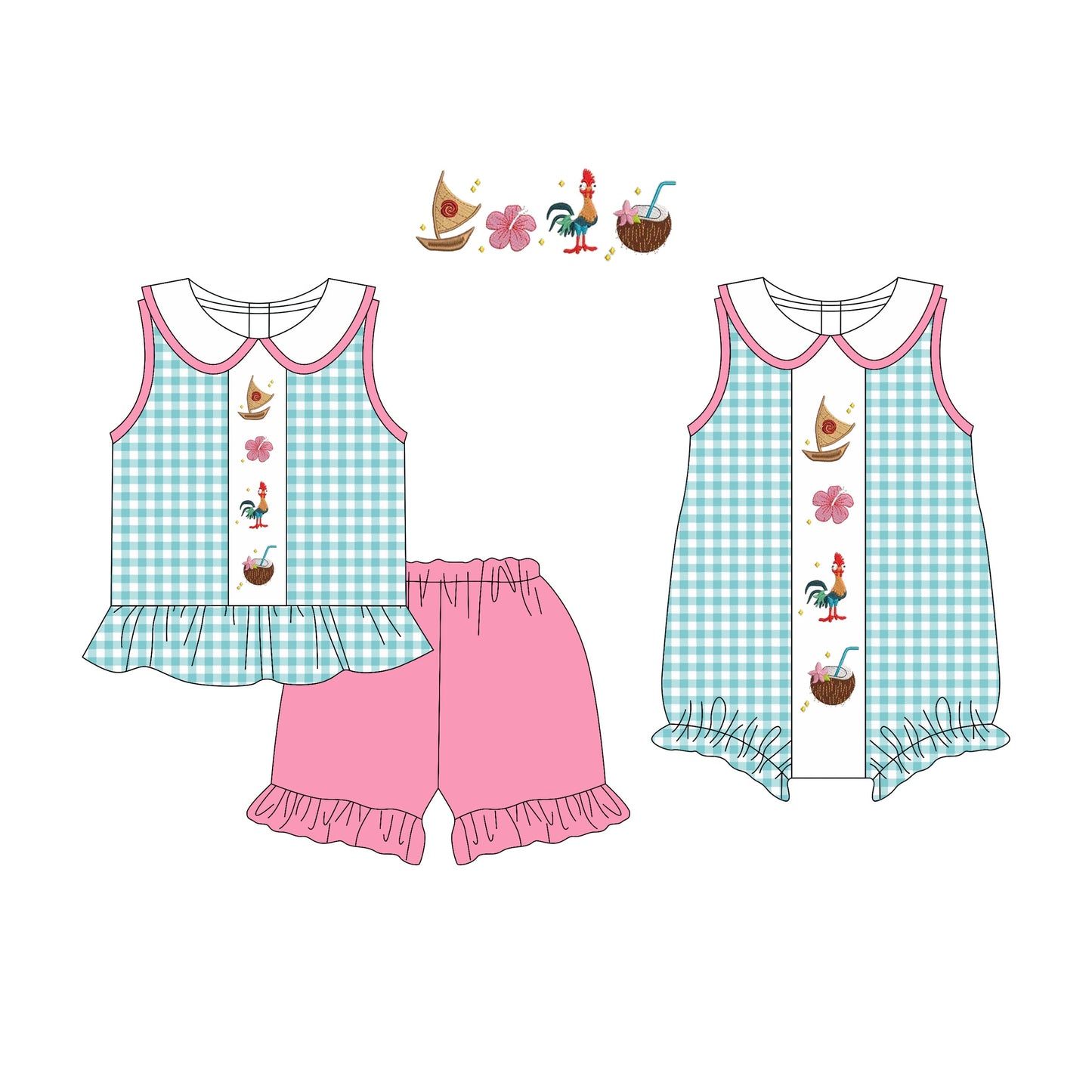 Baby Girl Cartoon Green Checked Sibling Romper Set ( Moq 5 Each Style ) 3.17