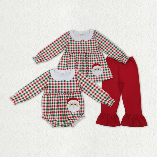 Sibling Baby Girl Kids Long Sleeves Embroidery Santa Plaid Christmas Romper Set RTS