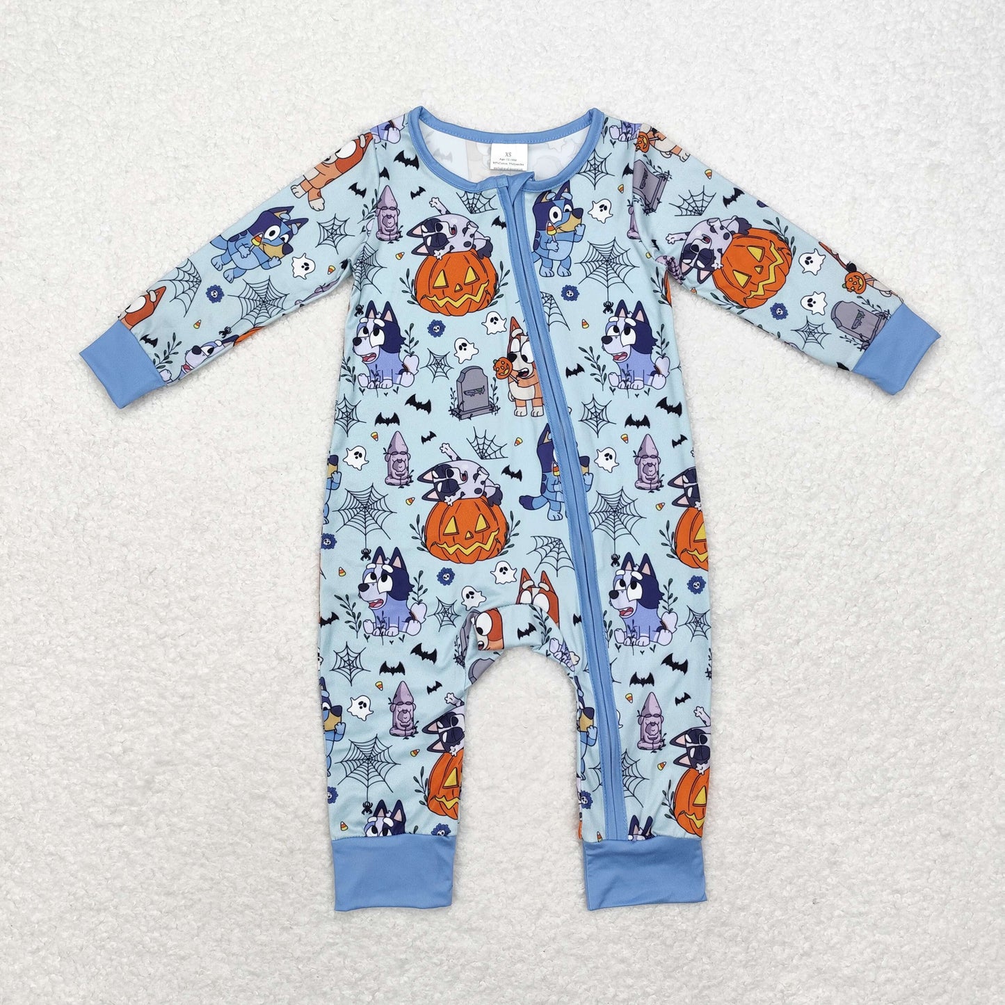 Baby Boy Halloween Blue Dogs Pumpkin Zipper Long Sleeves Romper