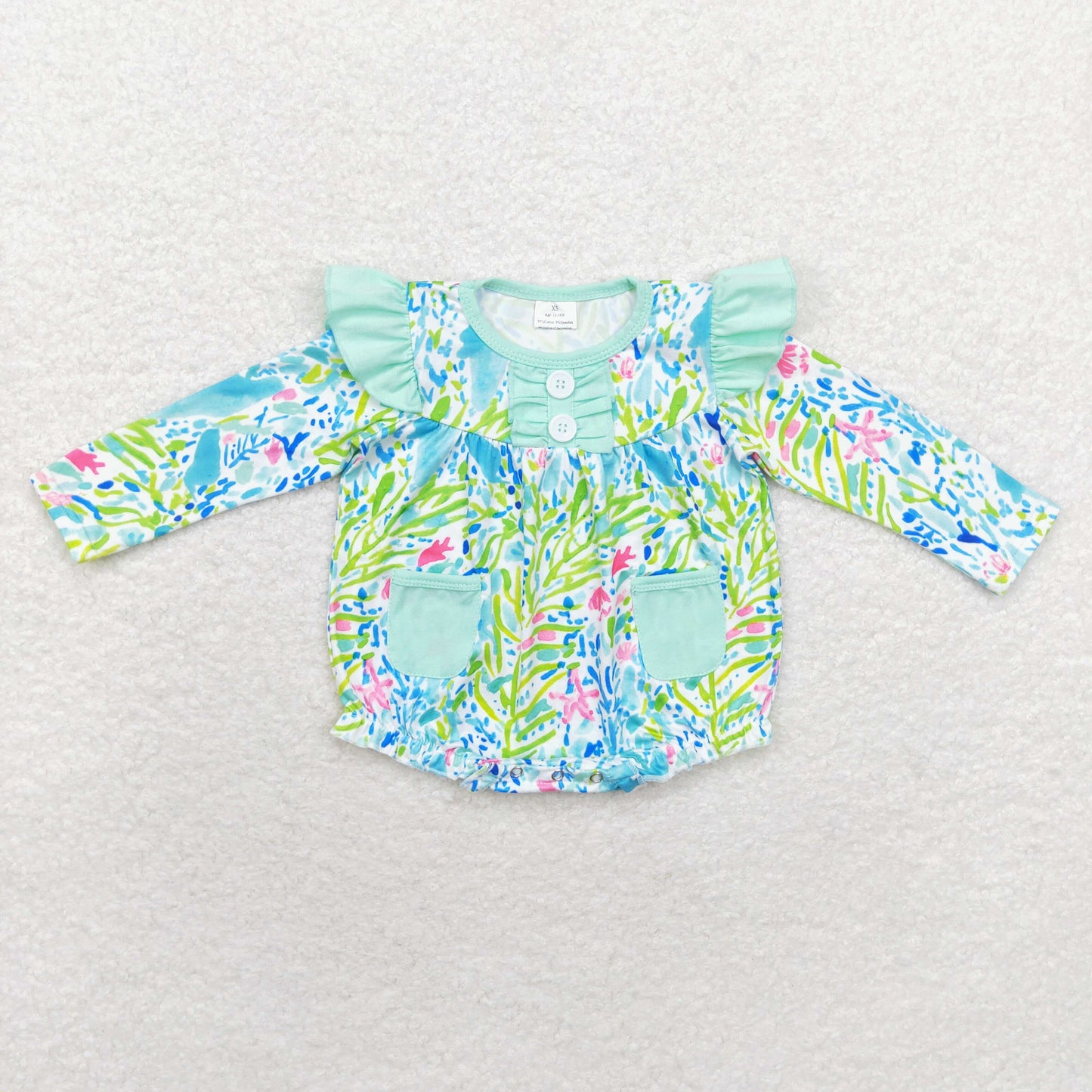 Baby Infant Toddler Girl Green Leaves Pockets Bubble Romper