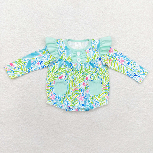 Baby Infant Toddler Girl Green Leaves Pockets Bubble Romper