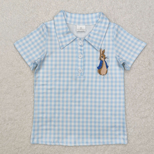 Baby Boy Short Sleeves Blue Plaid Embroidery Rabbit Easter Buttons Shirt Tops