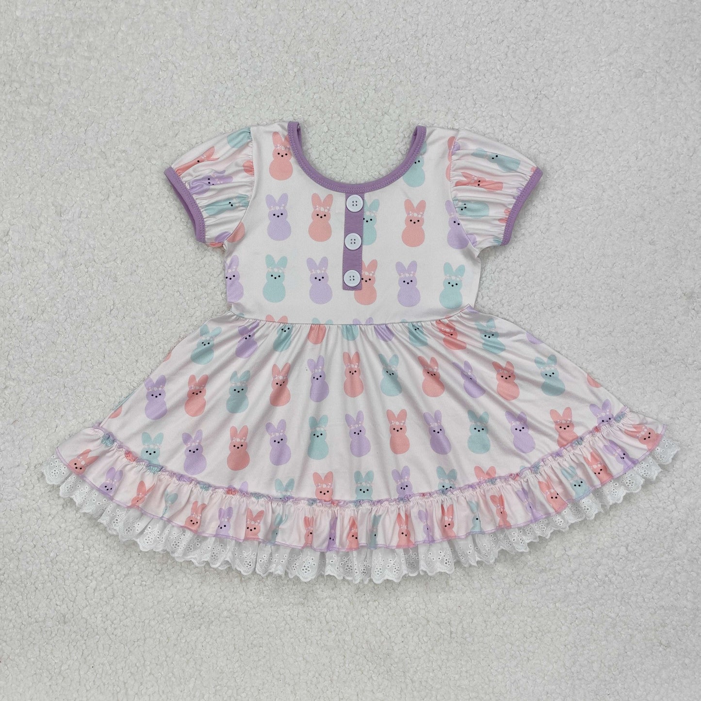 Baby Girl Short Sleeves Easter Rabbits Knee Length Dress