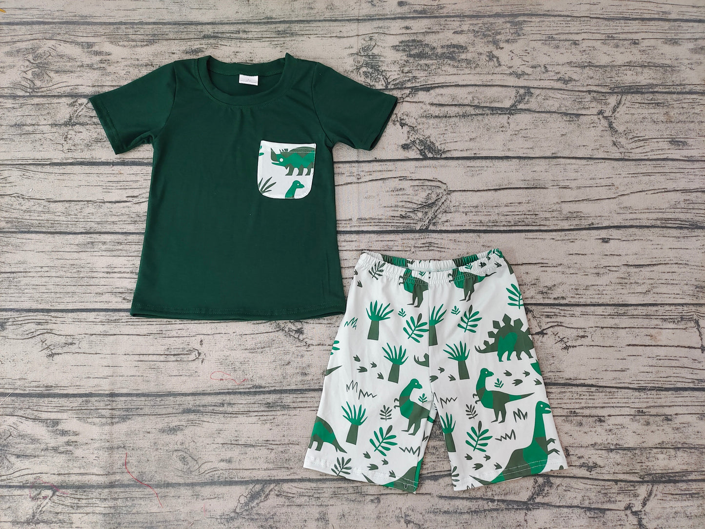 Promotion Baby Boy Green Pocket Shirt Dinosaur Shorts Summer Outfit