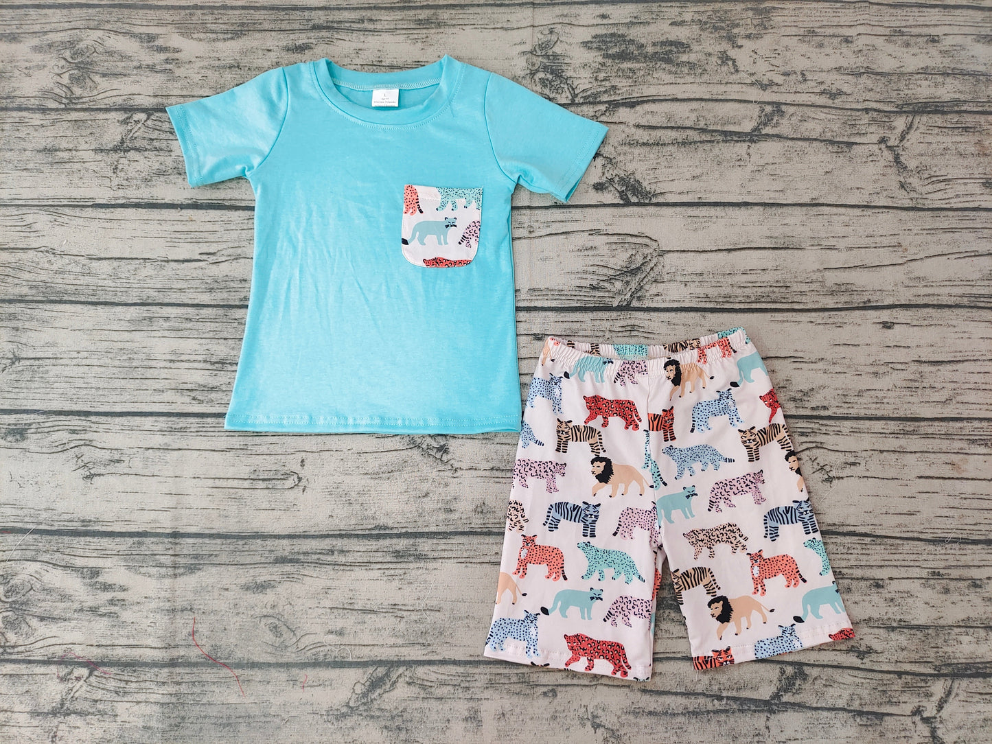 Promotion Baby Boy Short Sleeves Pocket Shirt Animal Shorts Outfit