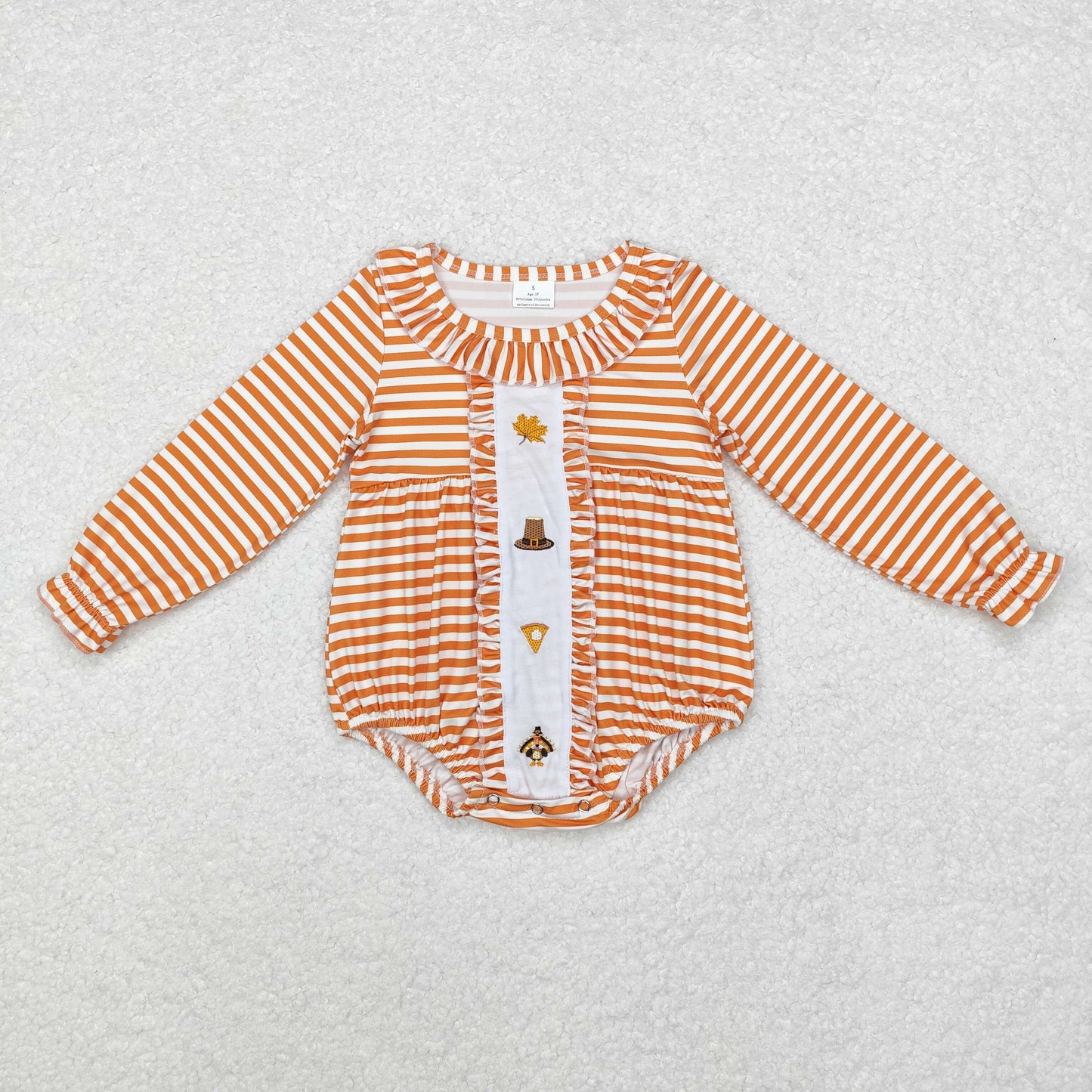 Baby Girl Orange Stripes Embroidery turkey Thanksgiving Fall Bubble Romper