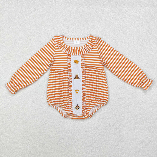 Baby Girl Orange Stripes Embroidery turkey Thanksgiving Fall Bubble Romper