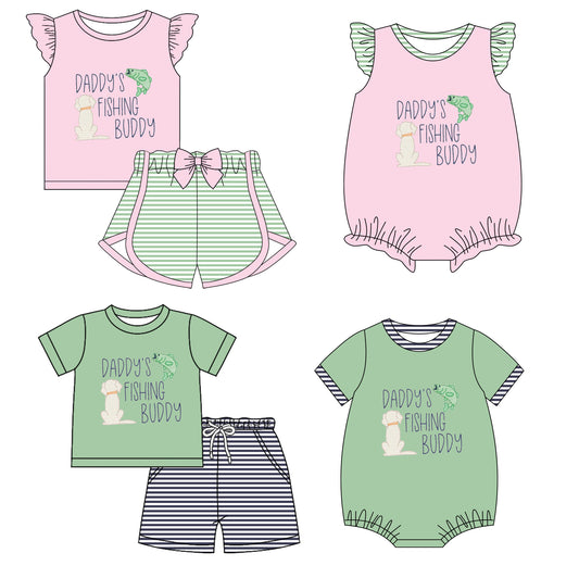 Children Kids Short Sleeves Daddy's Fishing Buddy Dogs Sibling Romper Clothes Set ( Moq 5 Each style ) 11.26