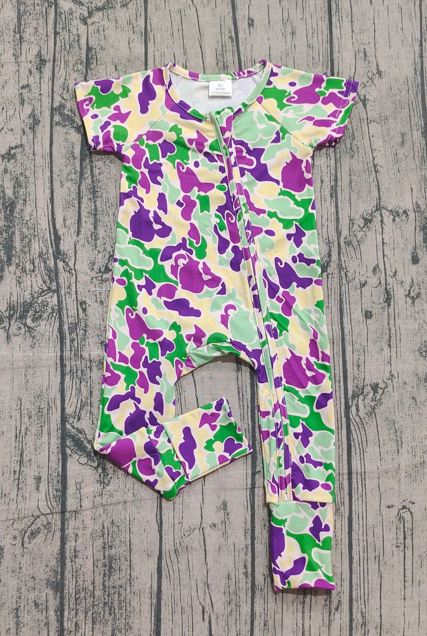 Kids Toddler Short Sleeves Mardi Gras Camo Zipper Romper RTS