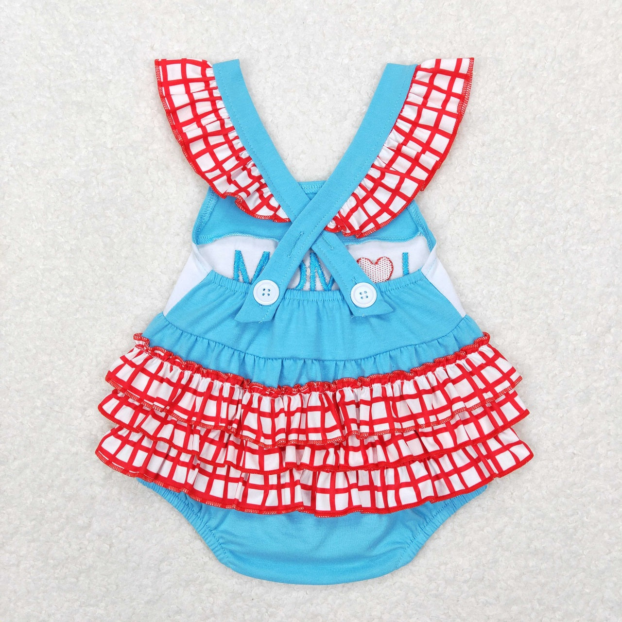 SR0683 Baby Girl Embroidery I Love Mom Blue Ruffle One Piece Romper