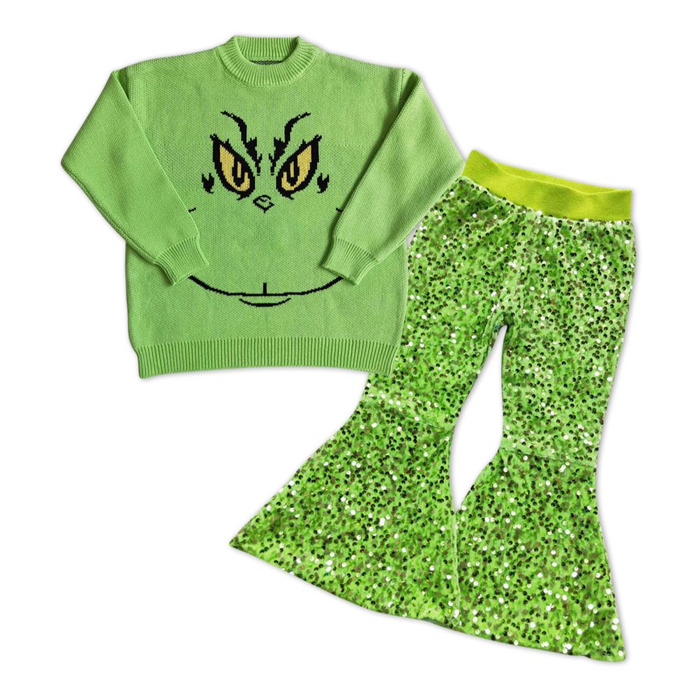 Christmas Baby Girl Long Sleeves Sweater Green Sequins Pants Face Outfit