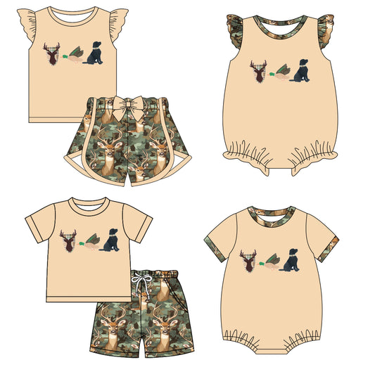 Baby Boy Girl Short Sleeves Deer Dogs Ducks Camo Hunting Sibling Romper Clothes Set ( Moq 5 Each style ) 11.26